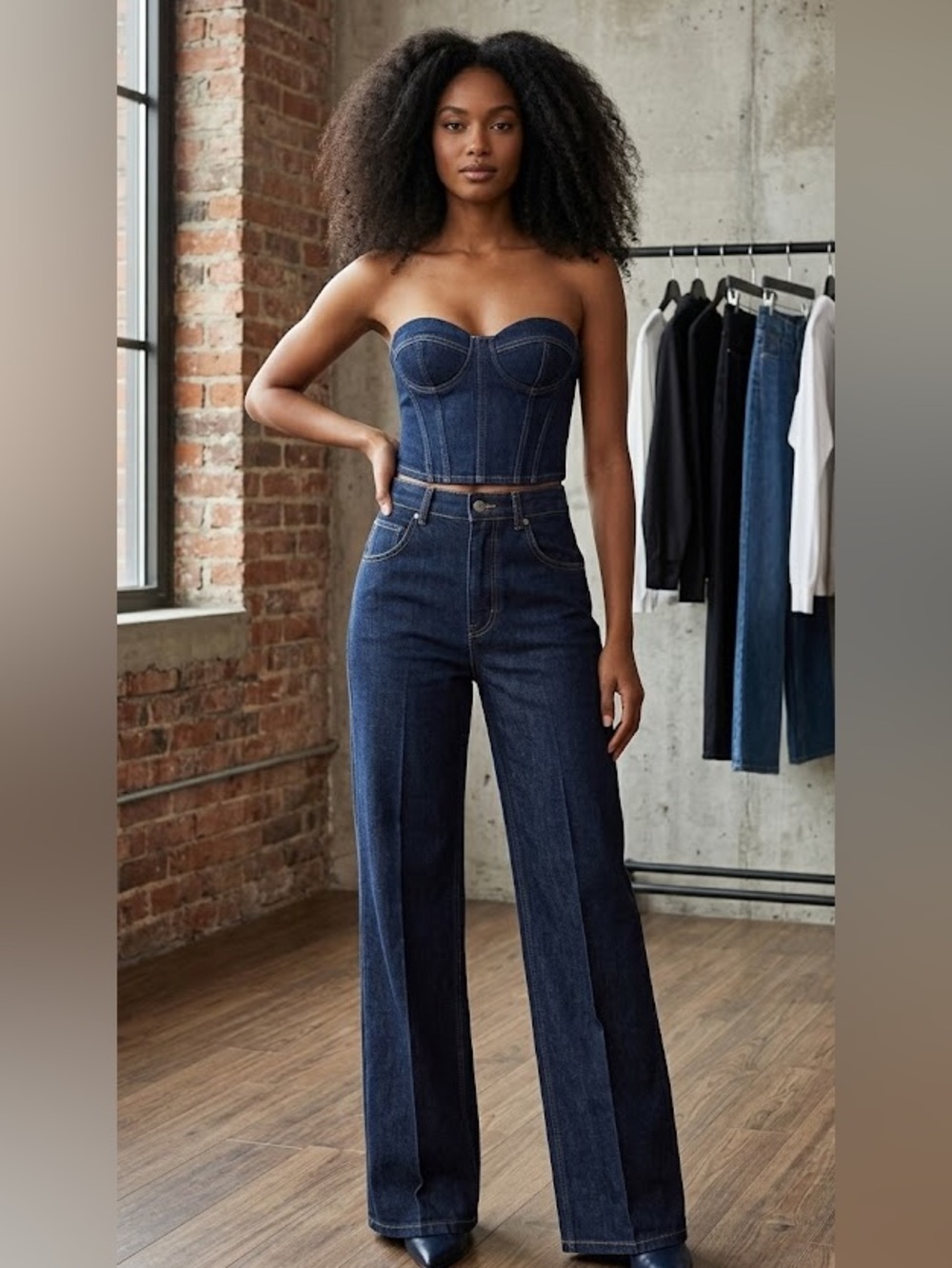 Zara Dark Indigo Denim Bustier and High-Waist Jeans Set